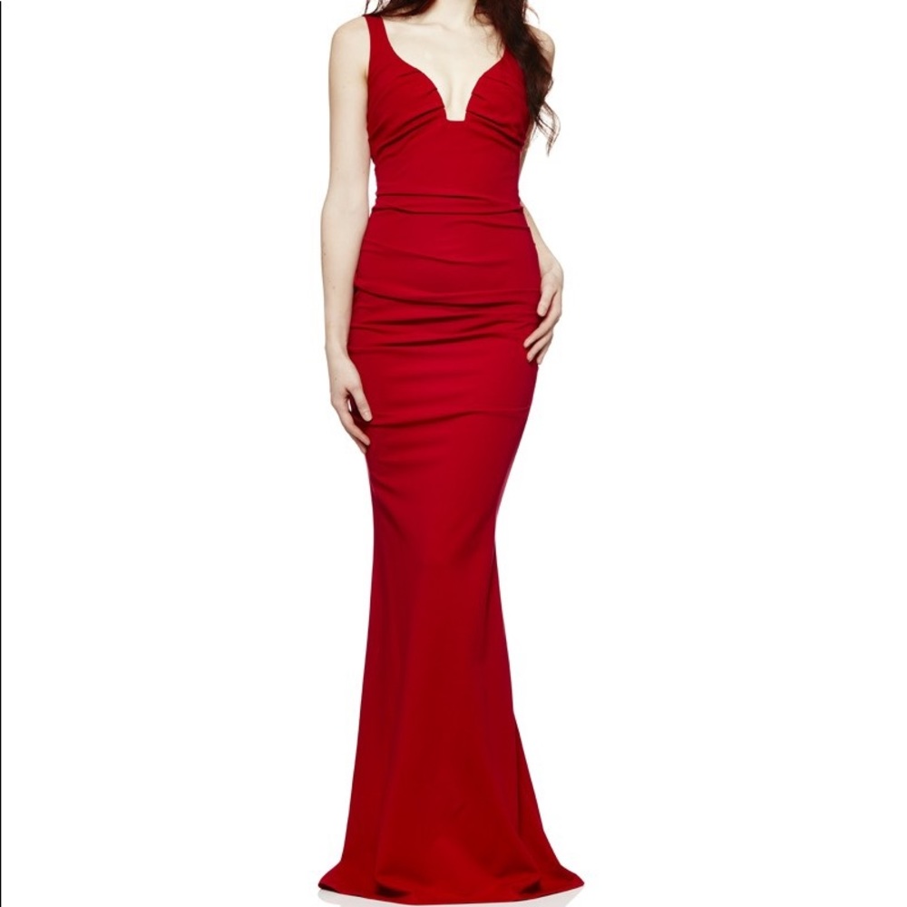 Plunge Structured Jersey Gown in Red